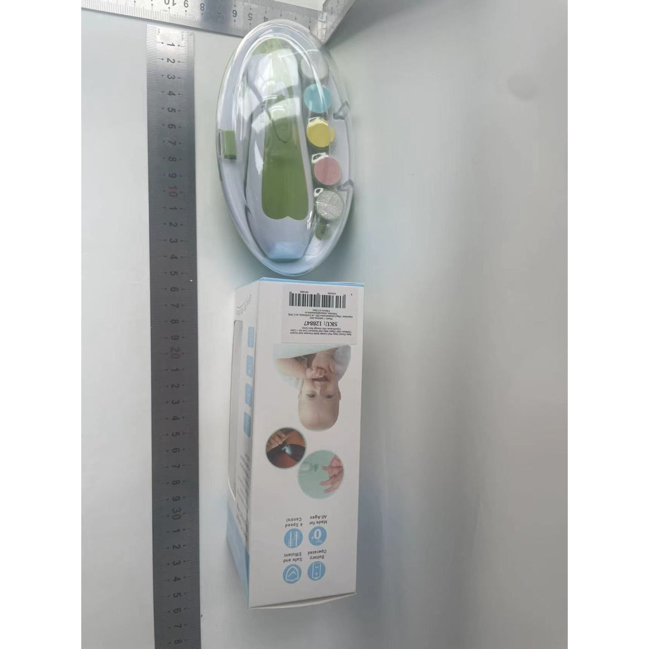 Set Pila Electrica pentru Copii si Bebelusi, ABS, 6 Accesorii, cu Lumina LED, Verde Alb