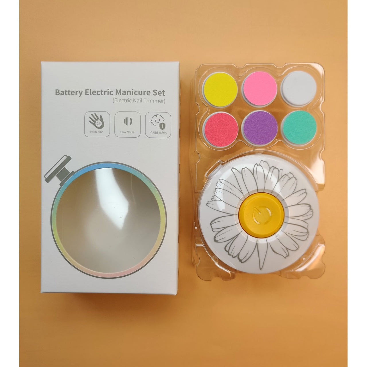 Set Pila Electrica pentru Copii si Bebelusi, ABS, Incarcare USB, Model cu Flori, 6 Accesorii, cu Lumina LED, Alb