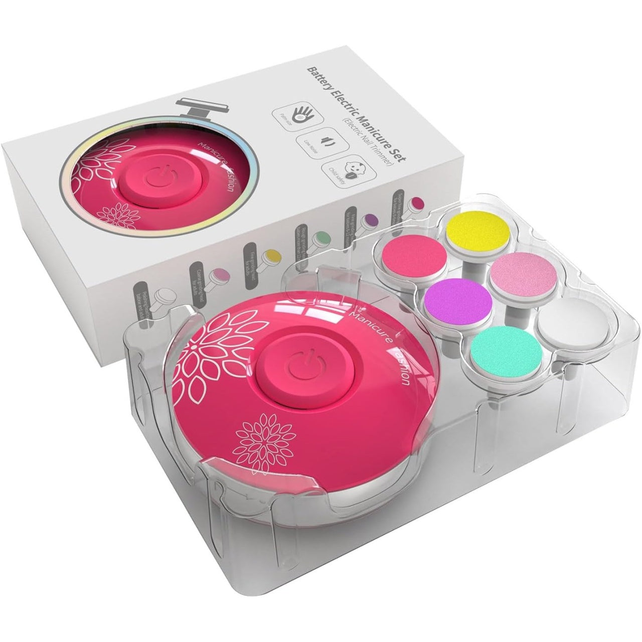 Set Pila Electrica pentru Copii si Bebelusi, ABS, Incarcare USB, Model cu Flori, 6 Accesorii, cu Lumina LED, Fucsia