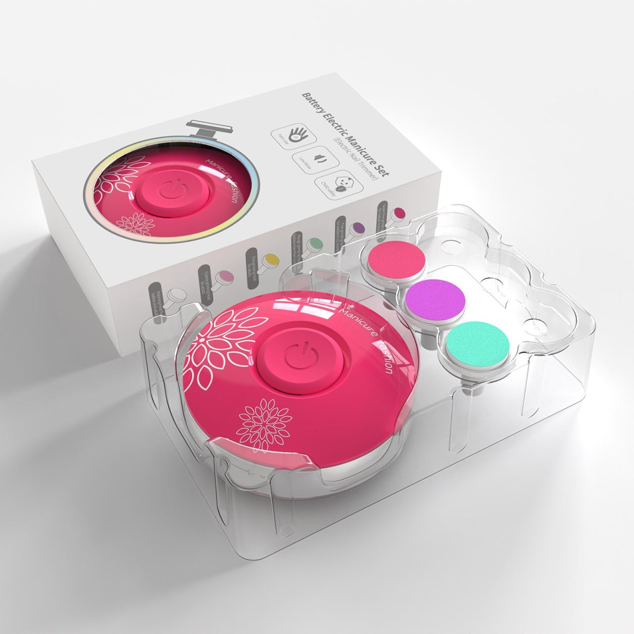 Set Pila Electrica pentru Copii si Bebelusi, ABS, Incarcare USB, Model cu Flori, 6 Accesorii, cu Lumina LED, Fucsia