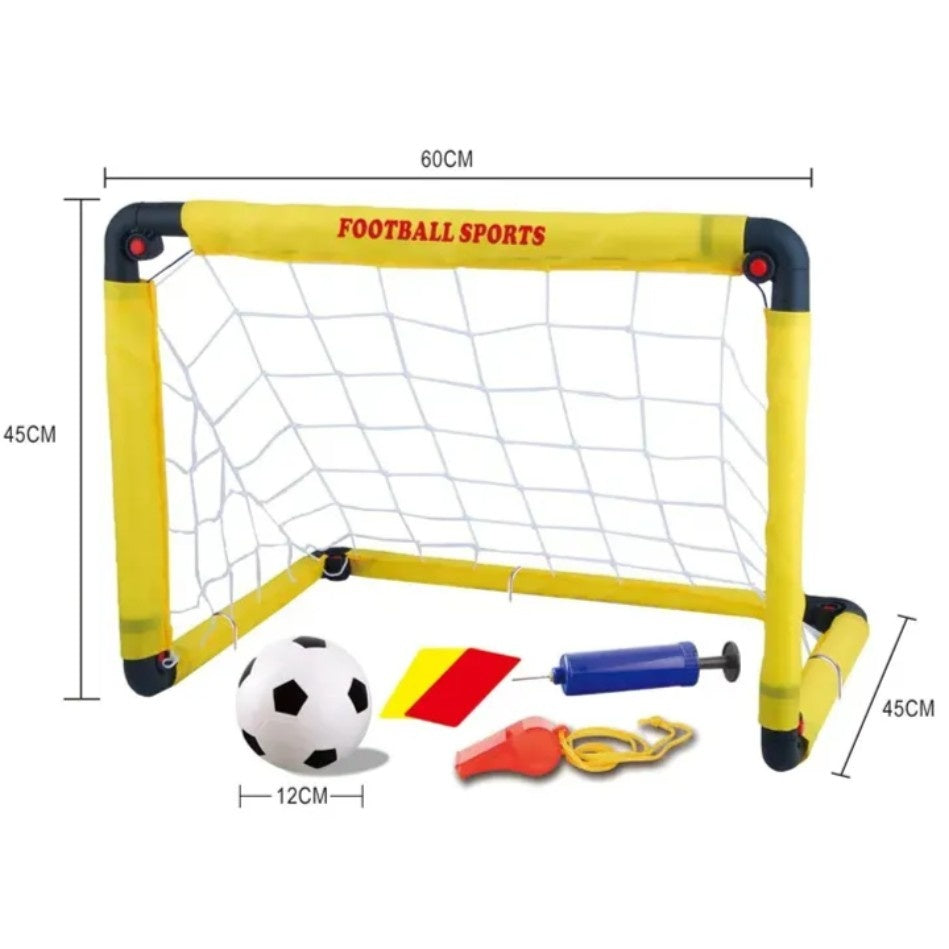 Set Poarta de Fotbal pentru Copii, 45x60 cm, Minge, Cartonase, Pompa, Fluier, Interactiv, Distractiv, Galben