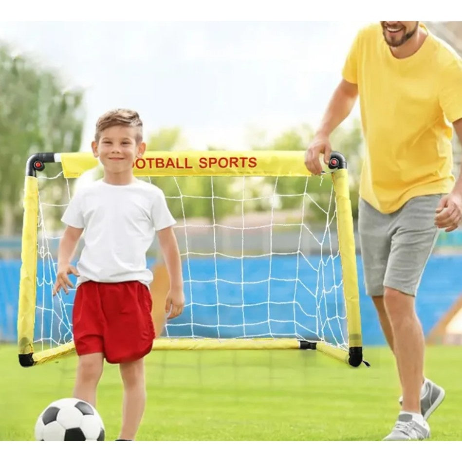Set Poarta de Fotbal pentru Copii, 60x90 cm, Minge, Cartonase, Pompa, Fluier, Interactiv, Distractiv, Galben