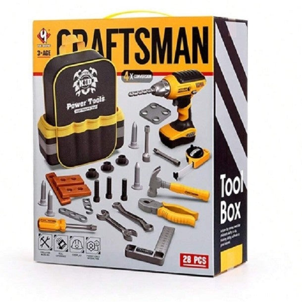 Set Scule de Jucarie pentru Copii, Ghiozdan cu Bormasina si Accesorii Incluse, 28 Piese, Material Plastic Durabil, Interactiv, +3 Ani, 30.5x25x11 cm, Negru/Portocaliu