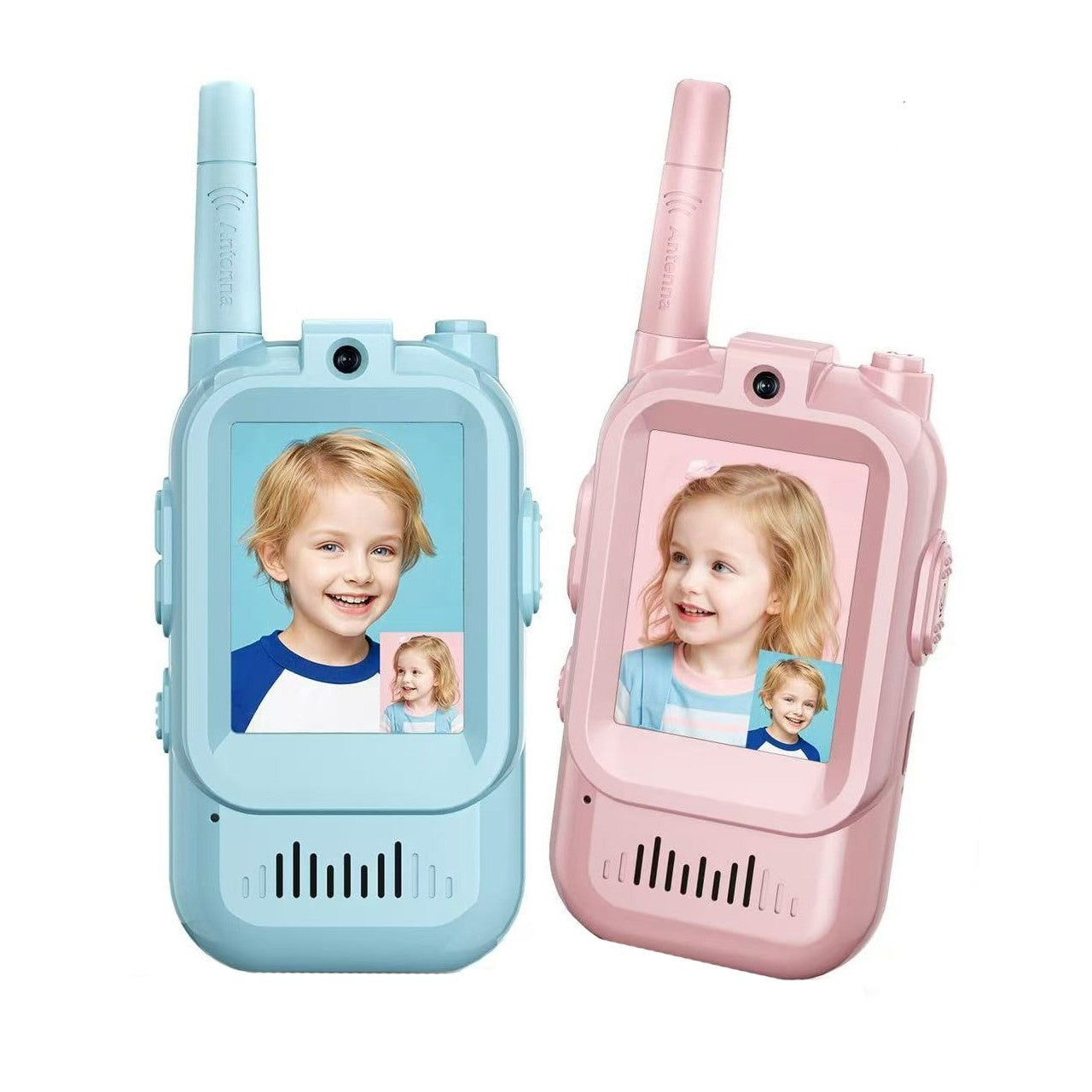Set Walkie Talkie WiFi pentru Copii, Set 2 Statii, Apeluri Video, cu Ecran de 2", Efecte Voce, Reincarcabile, Cabluri TYPE-C, Raza pana la 500 m, Roz/Albastru