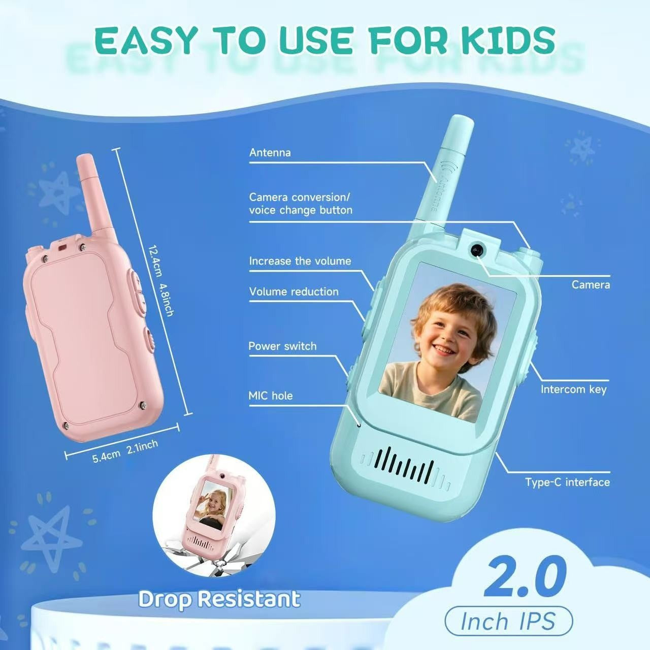 Set Walkie Talkie WiFi pentru Copii, Set 2 Statii, Apeluri Video, cu Ecran de 2", Efecte Voce, Reincarcabile, Cabluri TYPE-C, Raza pana la 500 m, Roz/Albastru
