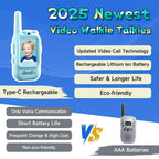 Set Walkie Talkie WiFi pentru Copii, Set 2 Statii, Apeluri Video, cu Ecran de 2", Efecte Voce, Reincarcabile, Cabluri TYPE-C, Raza pana la 500 m, Roz/Albastru