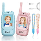 Set Walkie Talkie WiFi pentru Copii, Set 2 Statii, Apeluri Video, cu Ecran de 2", Efecte Voce, Reincarcabile, Cabluri TYPE-C, Raza pana la 500 m, Roz/Albastru