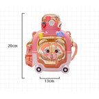 Sticla cu pai pentru copii, model ursulet, gradata, stickere aplicate, curea reglabila, din plastic rezistent la cadere, 1l, Roz, 20 x 13 cm