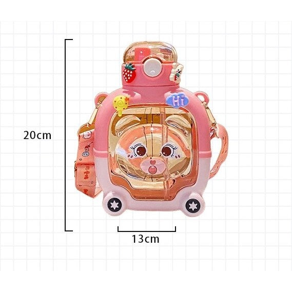 Sticla cu pai pentru copii, model ursulet, gradata, stickere aplicate, curea reglabila, din plastic rezistent la cadere, 1l, Roz, 20 x 13 cm