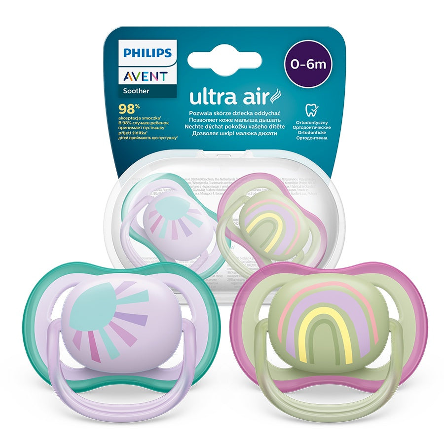 Suzete ultra air Philips Avent, 0-6 luni, 2 bucati, soare/curcubeu