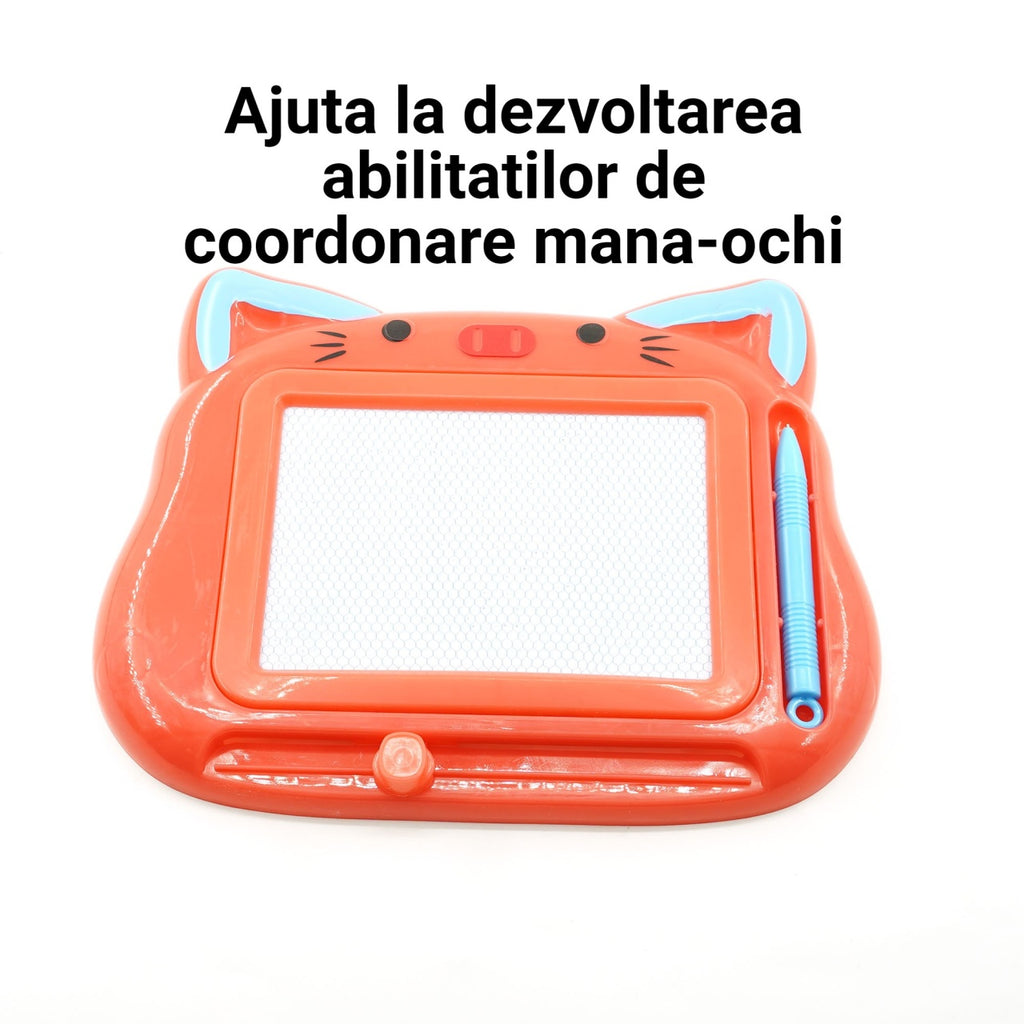 Tablita Magnetica de Scris si Desenat, Model Pisica, cu Creion, Dimensiuni 23.2x18.5 cm, Suprafata Desen 14.6x10.4 cm, Dezvolta Imaginatia si Creativitatea, Incurajeaza Exersarea Scrisului, Rosu