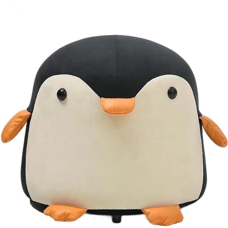 Taburet Pentru Copii, Cadru din Lemn Masiv, 25 x 29 x 29 cm, Perna de Burete Elastica si Maner de Transport, in Forma de Pinguin, Negru