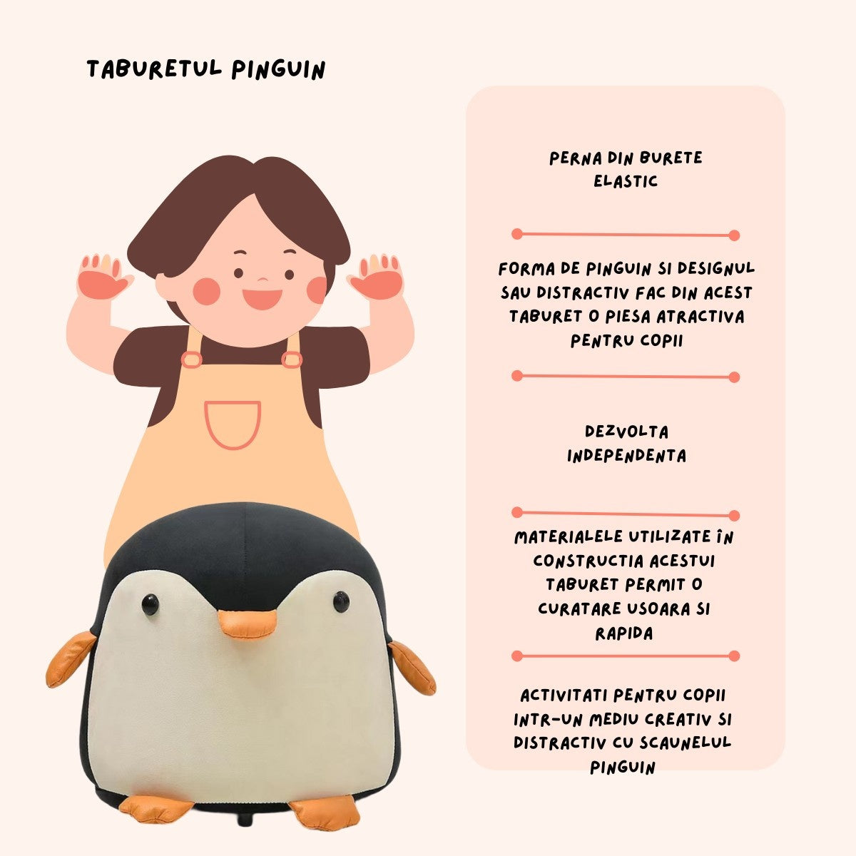 Taburet Pentru Copii, Cadru din Lemn Masiv, 25 x 29 x 29 cm, Perna de Burete Elastica si Maner de Transport, in Forma de Pinguin, Negru