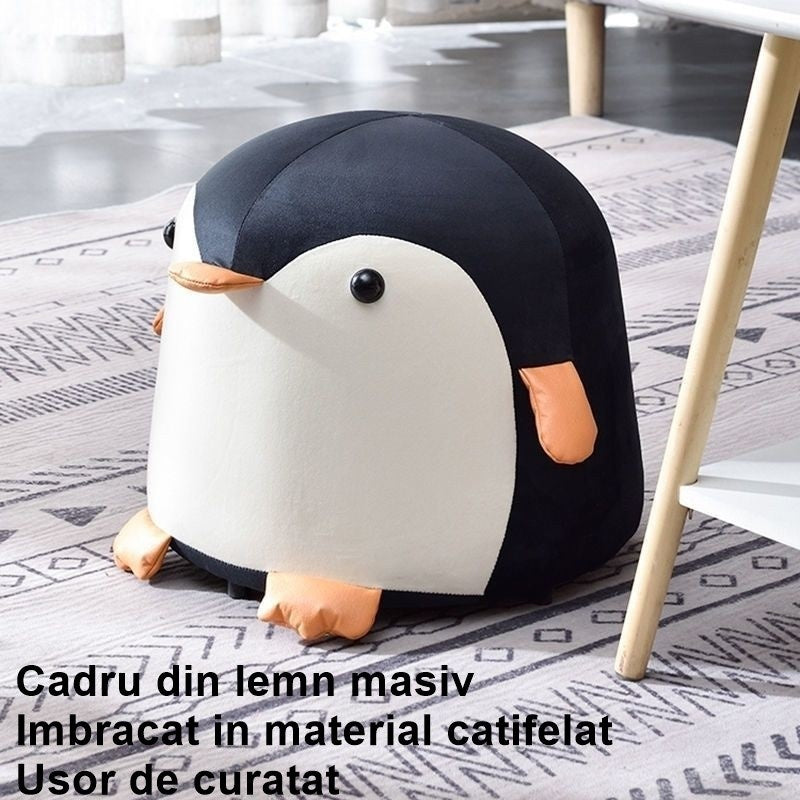 Taburet Pentru Copii, Cadru din Lemn Masiv, 25 x 29 x 29 cm, Perna de Burete Elastica si Maner de Transport, in Forma de Pinguin, Negru
