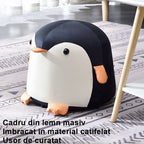 Taburet Pentru Copii, Cadru din Lemn Masiv, 25 x 29 x 29 cm, Perna de Burete Elastica si Maner de Transport, in Forma de Pinguin, Negru
