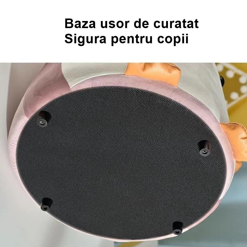 Taburet Pentru Copii, Cadru din Lemn Masiv, 25 x 29 x 29 cm, Perna de Burete Elastica si Maner de Transport, in Forma de Pinguin, Roz