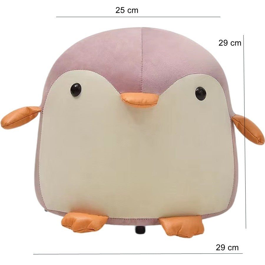 Taburet Pentru Copii, Cadru din Lemn Masiv, 25 x 29 x 29 cm, Perna de Burete Elastica si Maner de Transport, in Forma de Pinguin, Roz