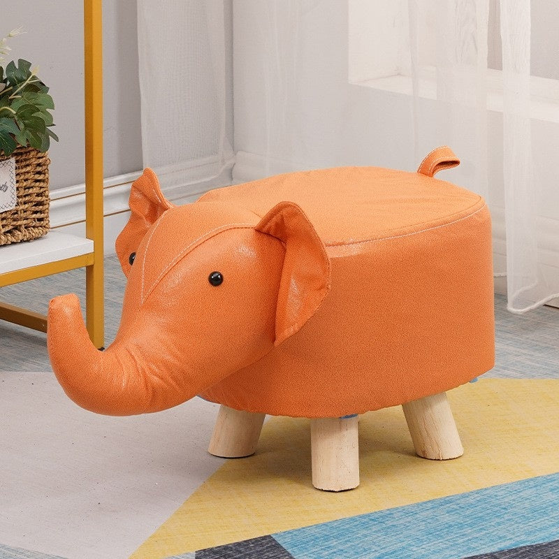 Taburet pentru Copii, Scaun Tip Taburet, Model Elefant, din Lemn Masiv, Scaun pentru Copii, 30 x 25 x 25 cm, Portocaliu
