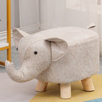Taburet pentru Copii, Scaun Tip Taburet, Model Elefant, din Lemn Masiv, Scaun pentru Copii, 30 x 25 x 25 cm, Alb Bej