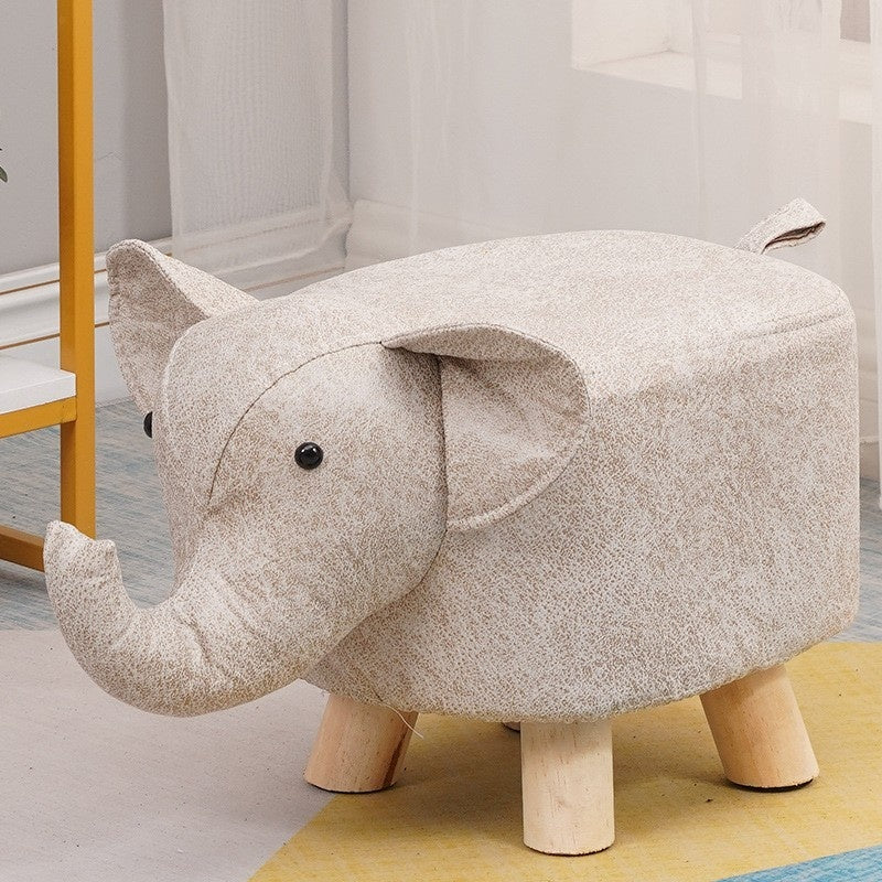Taburet pentru Copii, Scaun Tip Taburet, Model Elefant, din Lemn Masiv, Scaun pentru Copii, 30 x 25 x 25 cm, Alb Bej