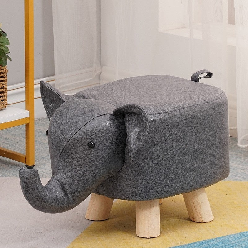 Taburet pentru Copii, Scaun Tip Taburet, Model Elefant, din Lemn Masiv, Scaun pentru Copii, 30 x 25 x 25 cm, Gri inchis