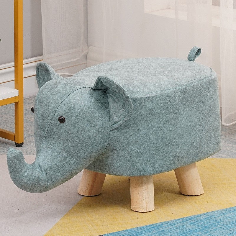 Taburet pentru Copii, Scaun Tip Taburet, Model Elefant, din Lemn Masiv, Scaun pentru Copii, 30 x 25 x 25 cm, Albastru