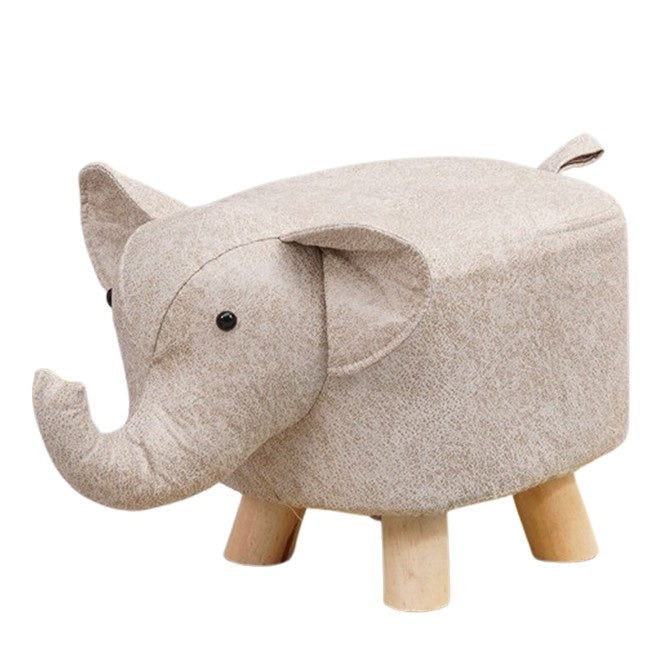 Taburet pentru Copii, Scaun Tip Taburet, Model Elefant, din Lemn Masiv, Scaun pentru Copii, 30 x 25 x 25 cm, Alb Bej