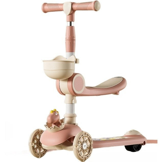 Trotineta Multifunctionala 3 in 1, pentru Copii, 1-7 Ani, cu Lumini si Muzica, Reglabil 360, Pliere Usoara, Reglarea Inaltimii, Model Dinozaur, Alb/Roz