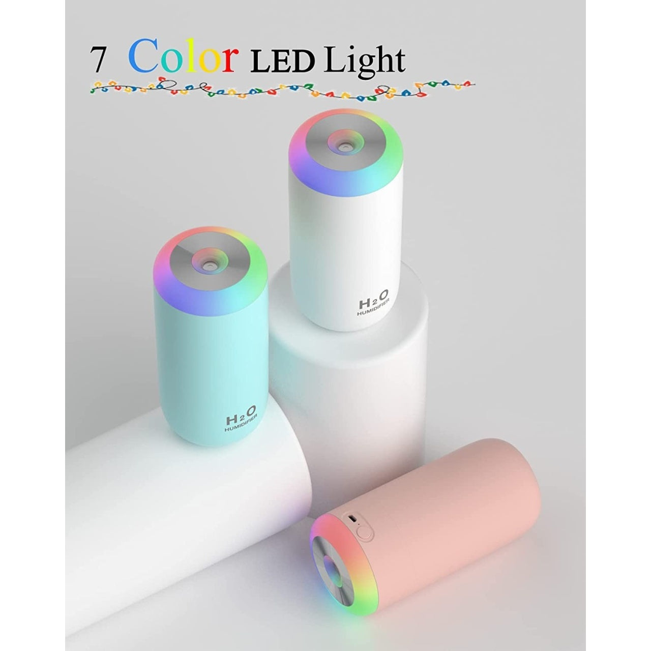 Umidificator, H2O, cu Difuzor de Aroma, Lumina de Noapte LED in 7 Culori, Zgomot Redus, 14.7x7.2cm, 350mL, Culoare Roz