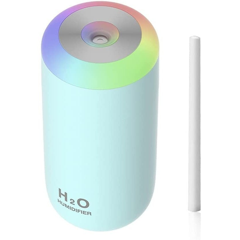 Umidificator, H2O, cu Difuzor de Aroma, Lumina de Noapte LED in 7 Culori, Zgomot Redus, 14.7x7.2cm, 350mL, Culoare Albastra